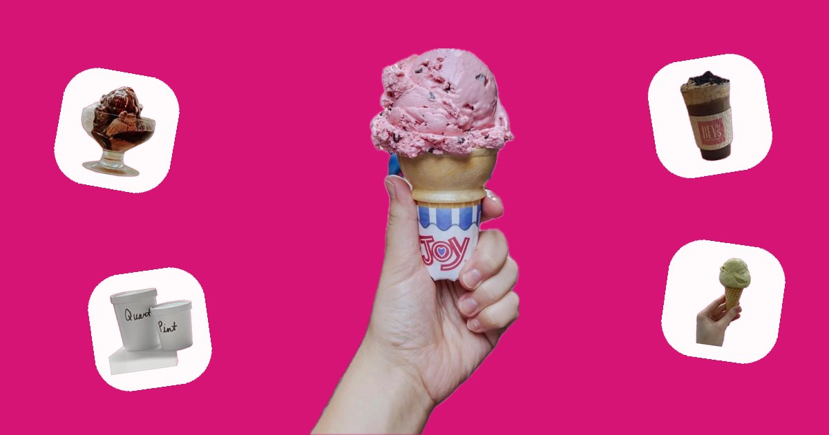 Raspberry chip ice cream on a cone against Bev’s pink