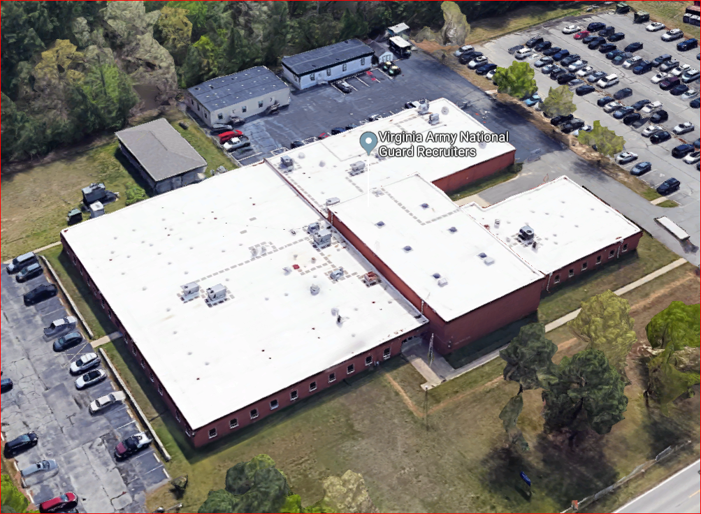 Aerial view of the Mullin Armory commercial roofing project