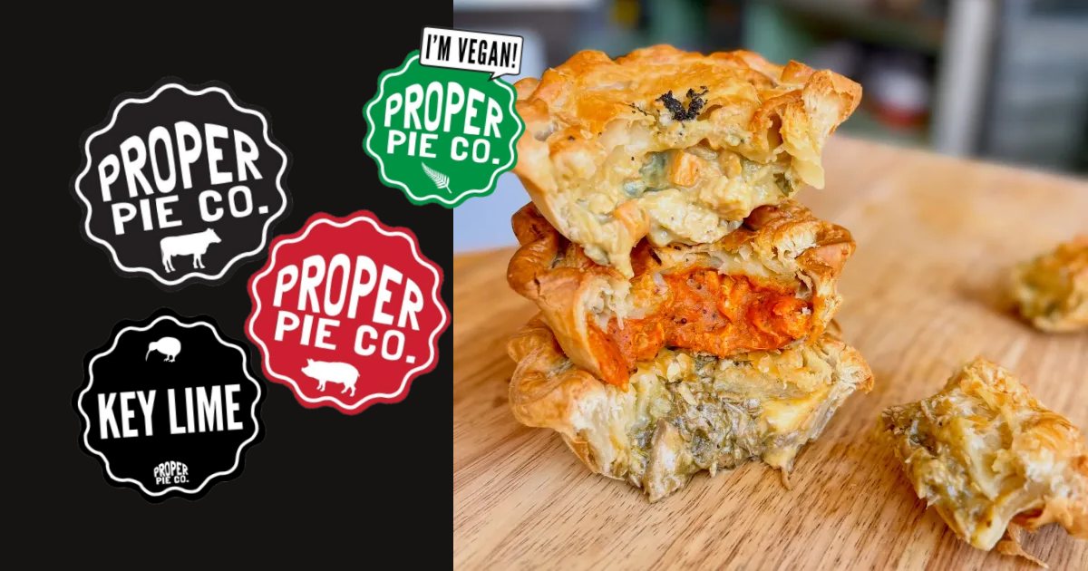 Proper Pie Co. hand pies cut open and stacked, beside the shop’s color-coded pie badges