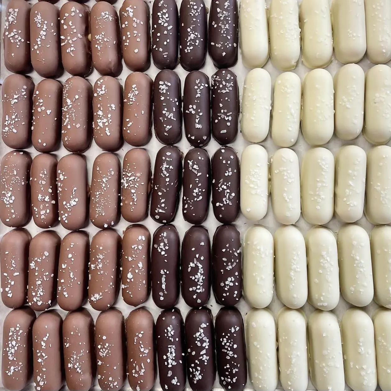 Rows of milk, dark, and white chocolate-dipped candies sprinkled with sea salt