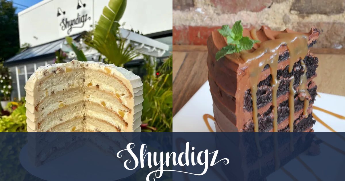 Tall Shyndigz layer cakes cut open on the patio, under the Shyndigz script logo