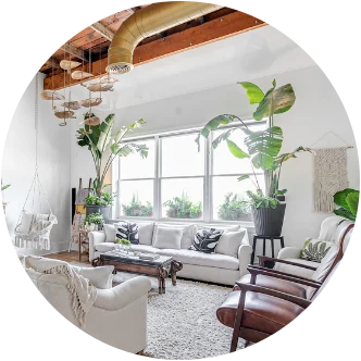A bright living room with big windows, tall plants, and a hanging chair